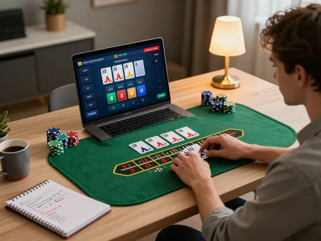 Engaging in a live blackjack game online at home, with 789pp user interface visible on laptop.