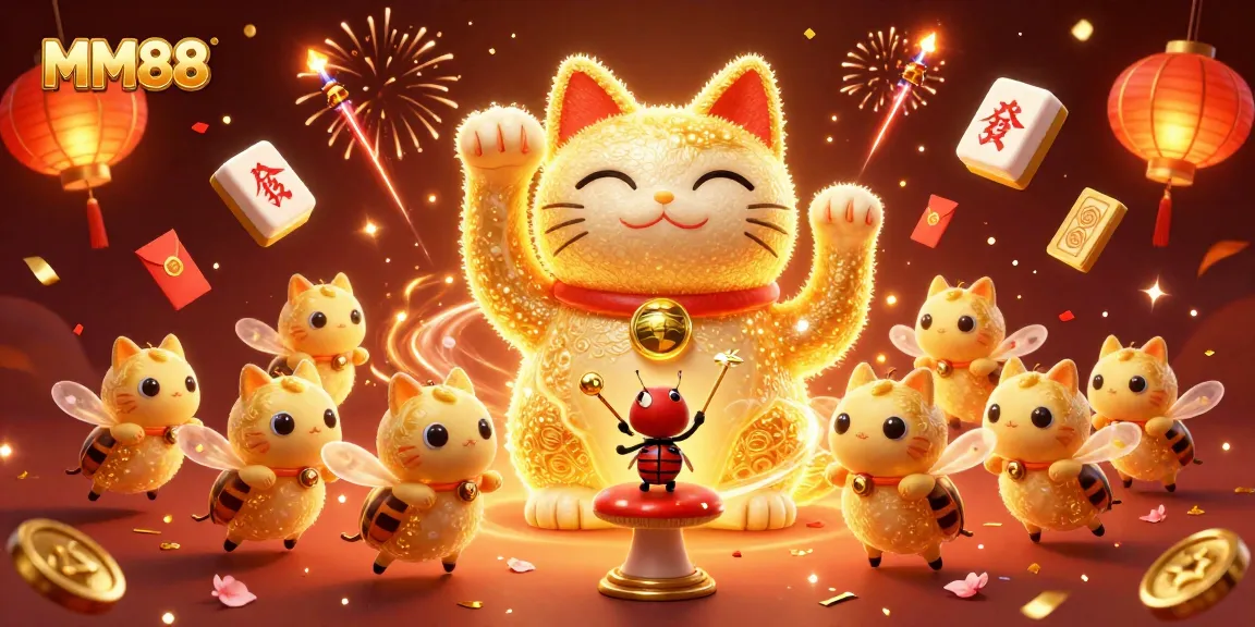 Experience the excitement of MM88 with a captivating 3D illustration showcasing the magical lucky cat in a casino atmosphere.