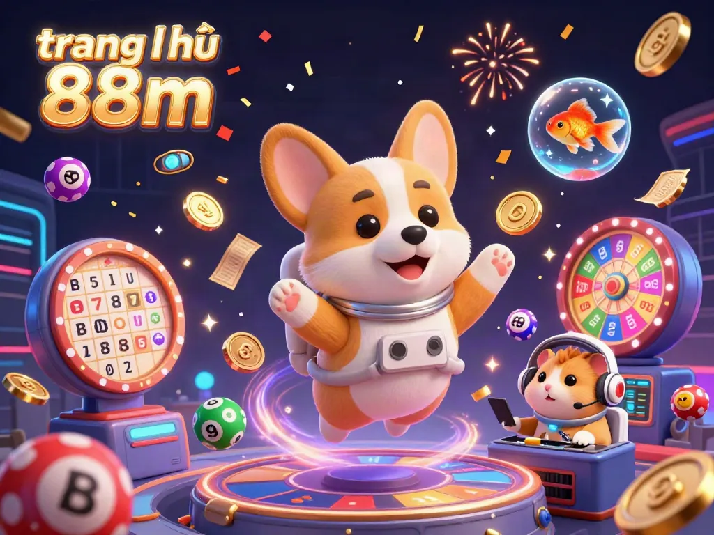 Engage with the vibrant scene of the space casino featuring a corgi and friends in a dynamic environment, emphasizing the brand trang chủ 88m.