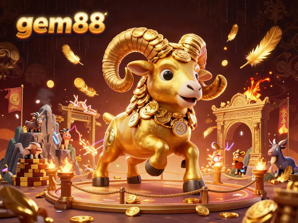 Experience the thrill of gem88 with a vibrant 3D showdown featuring a golden ram amidst a dynamic casino setting.