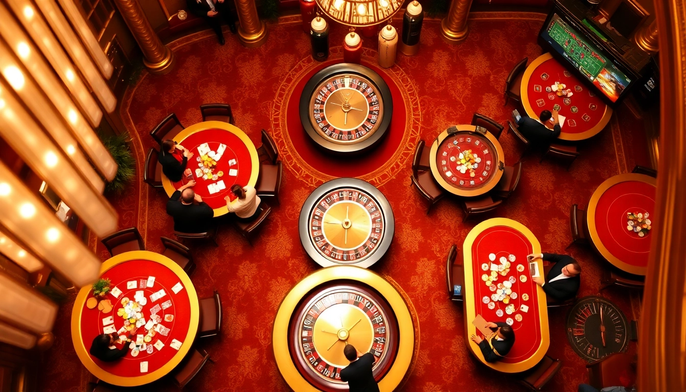 Exciting action at luck8 casino with poker tables and vibrant roulette wheels.