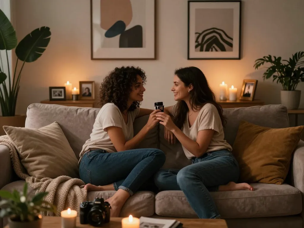 Engaging scene of intimacy with pgbokep elements in a cozy home setting.