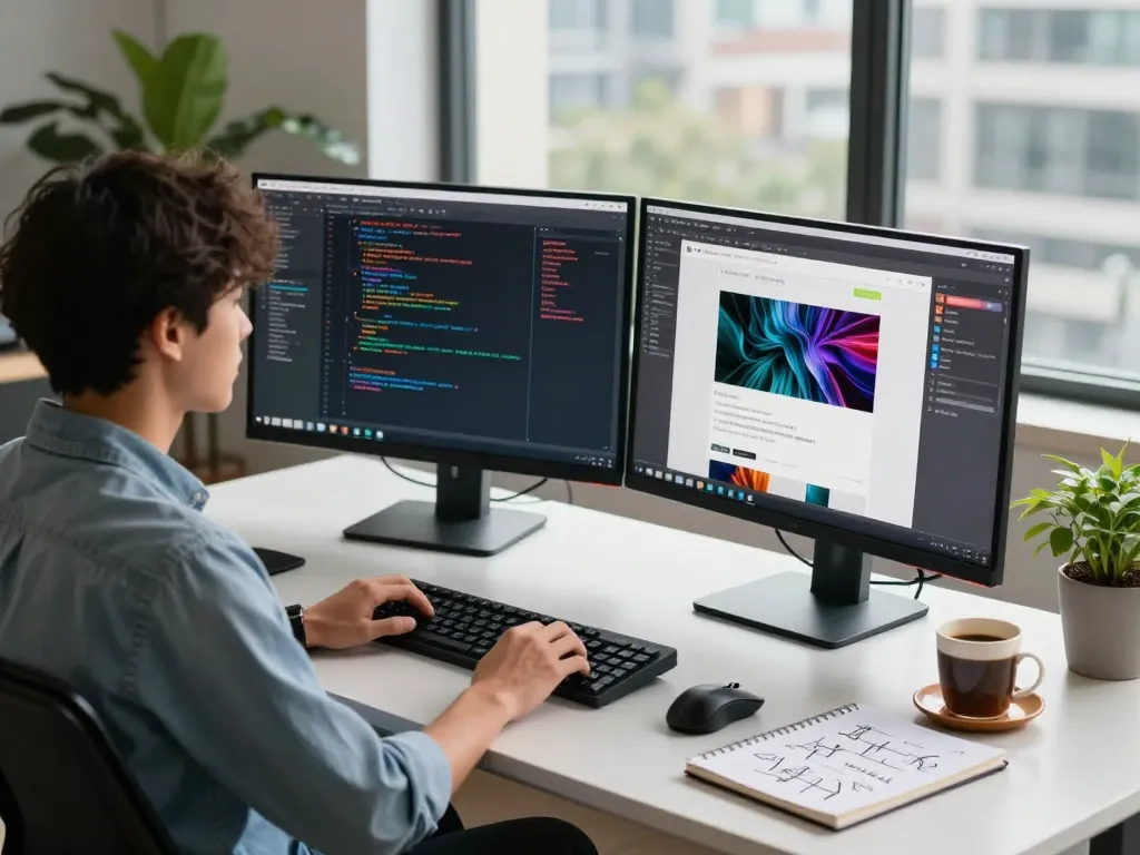 Experience the speed and features of 谷歌浏览器 in a modern tech workspace with a developer coding and designing.