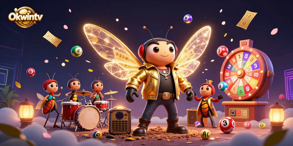 Okwintv offers a vibrant scene featuring a rock star cicada alongside a beetle drummer, engaging in an energetic gambling celebration.
