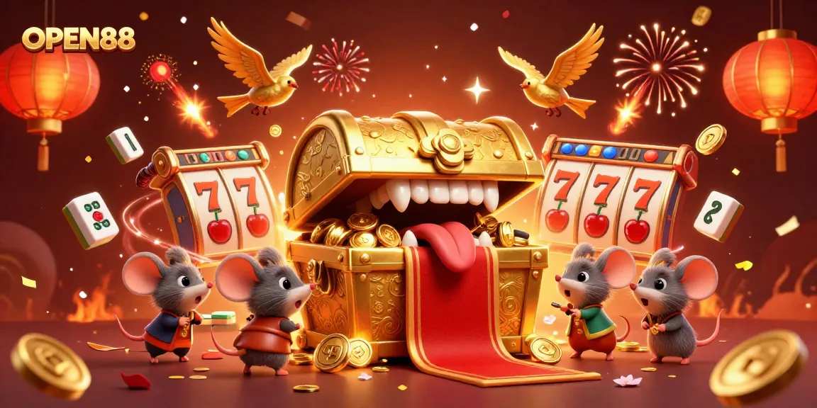Experience the excitement of OPEN88 with this vibrant 3D illustration featuring a treasure chest and gaming elements.