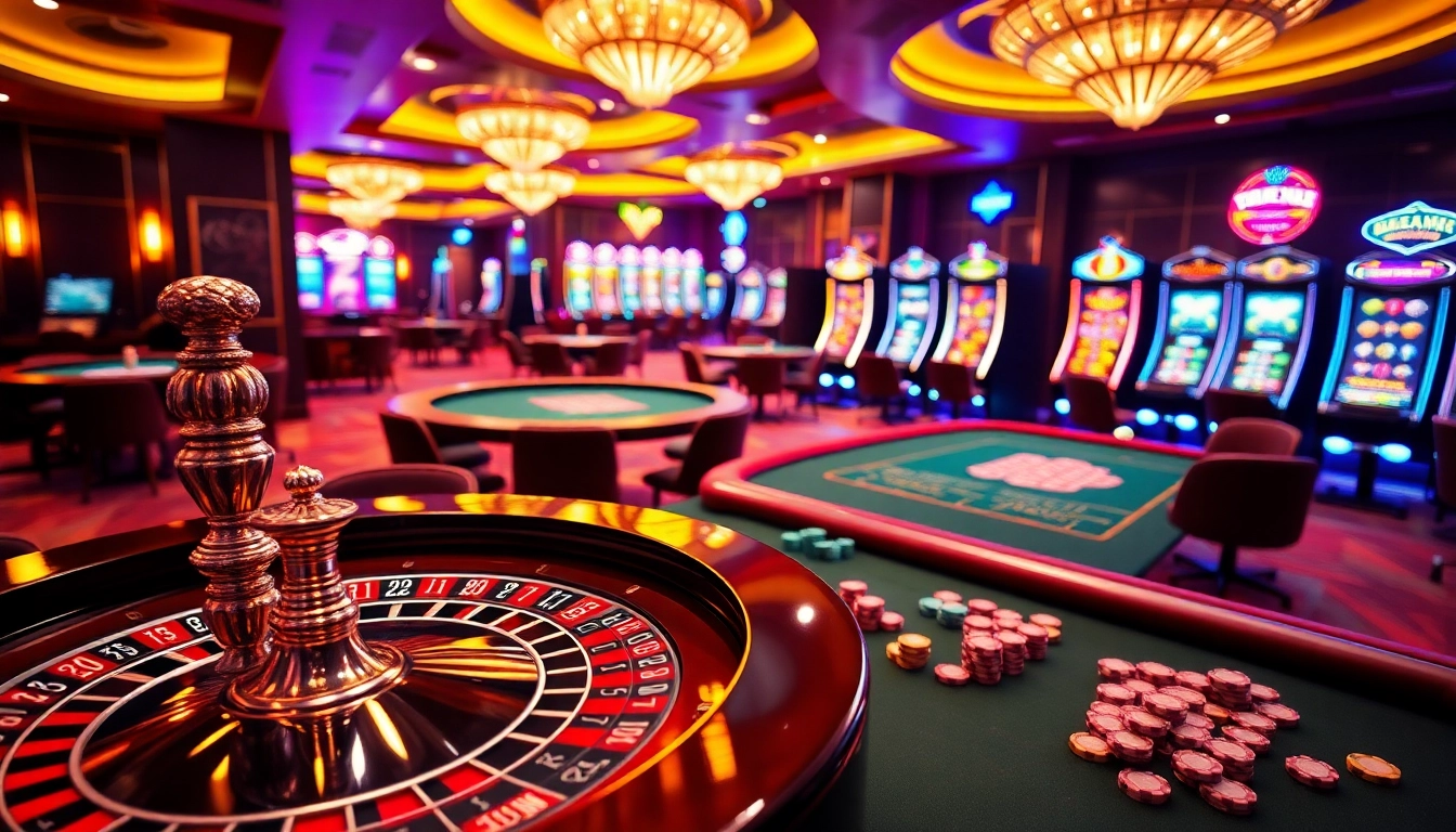 This vibrant casino scene at https://69vn.br.com/ showcases thrilling gameplay at poker tables with colorful chips and a roulette wheel.