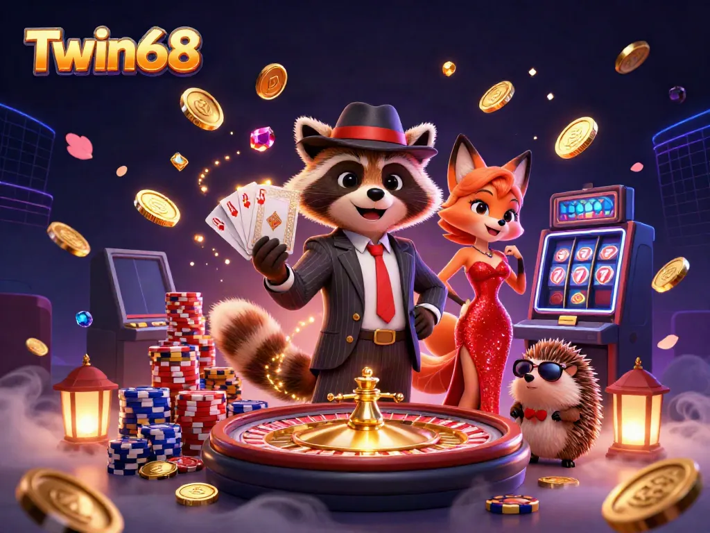 Twin68 casino scene featuring a suave raccoon and a glamorous fox amid sparkling coins and a roulette wheel.