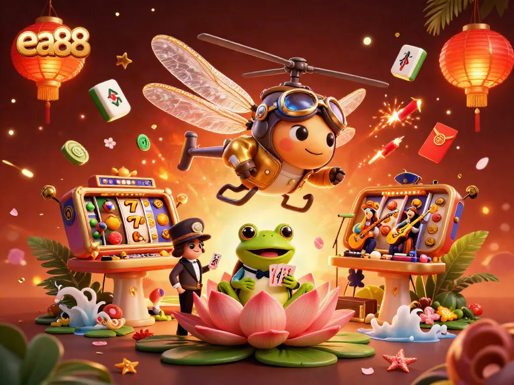 ea88 promotional illustration showcasing dynamic gambling scene with slots and colorful characters.