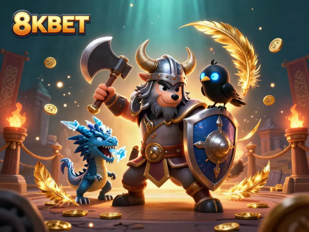 Experience exciting gameplay at 8KBET with a dynamic 3D illustration featuring a Viking wolf warrior and dragon.
