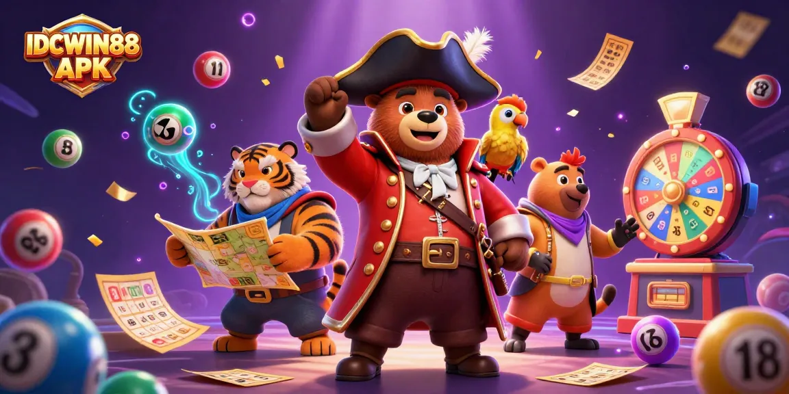 Spin to win with IDCWIN88 APK in this vibrant casino-themed illustration packed with action.