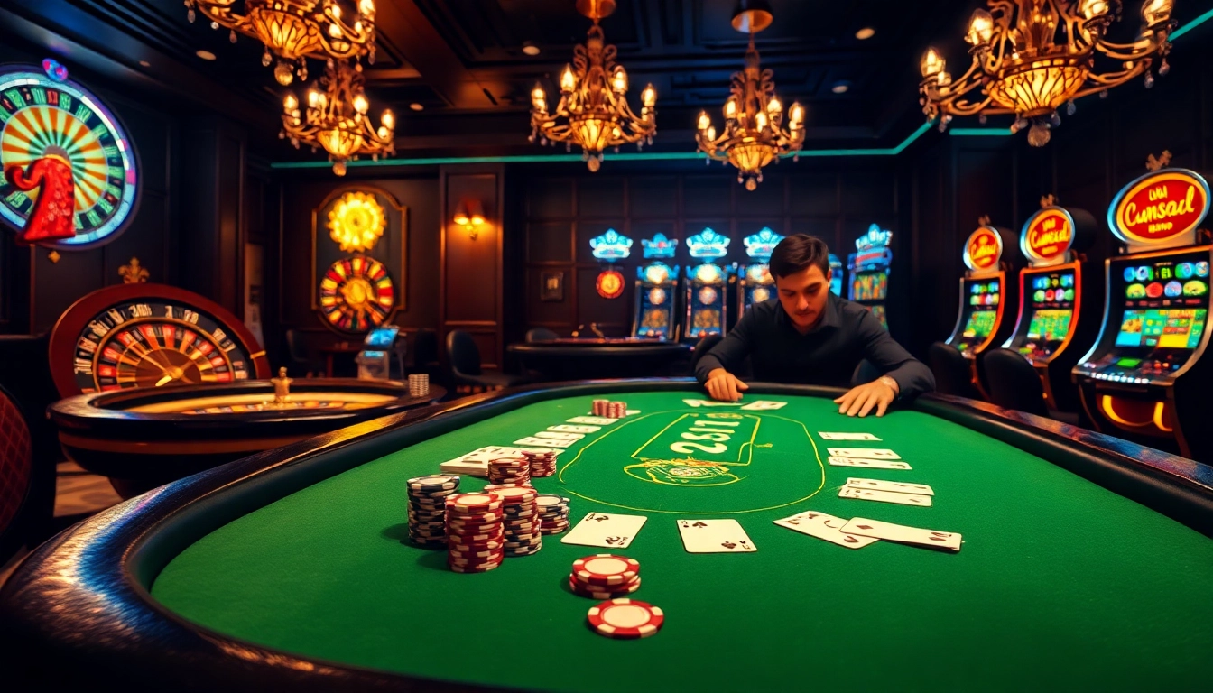 Engaged player analyzes cards with C168 betting slip at glamorous casino table.