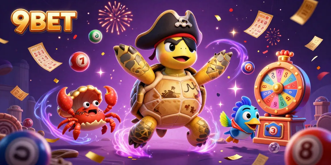 Experience thrilling entertainment with 9BET featuring an adventurous pirate turtle and exciting lotteries.