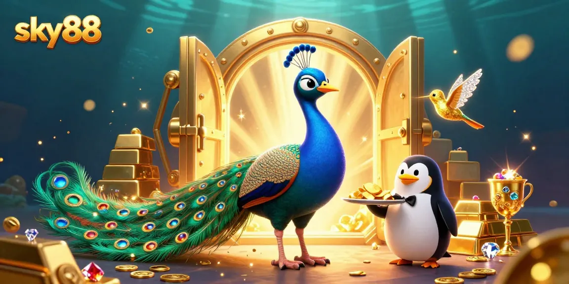 Sky88 showcases a vibrant casino scene with a peacock, butler penguin, and hummingbird amidst gold and gems.