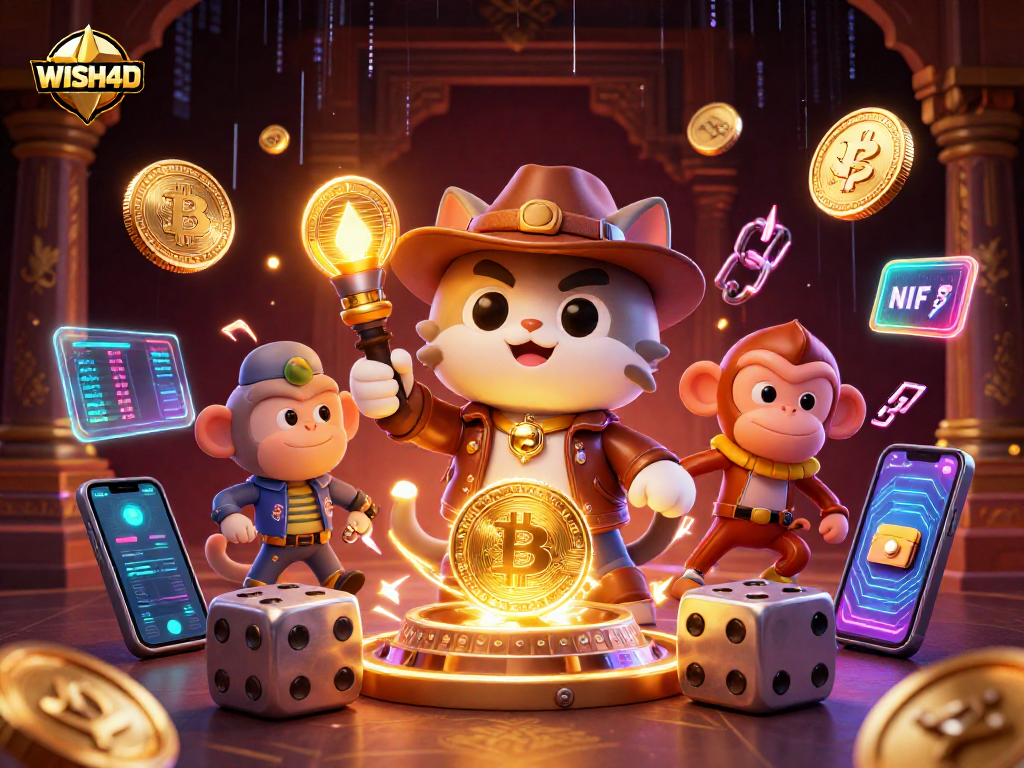 Engage with WISH4D as an explorer finds golden casino artifacts amidst vibrant crypto elements.