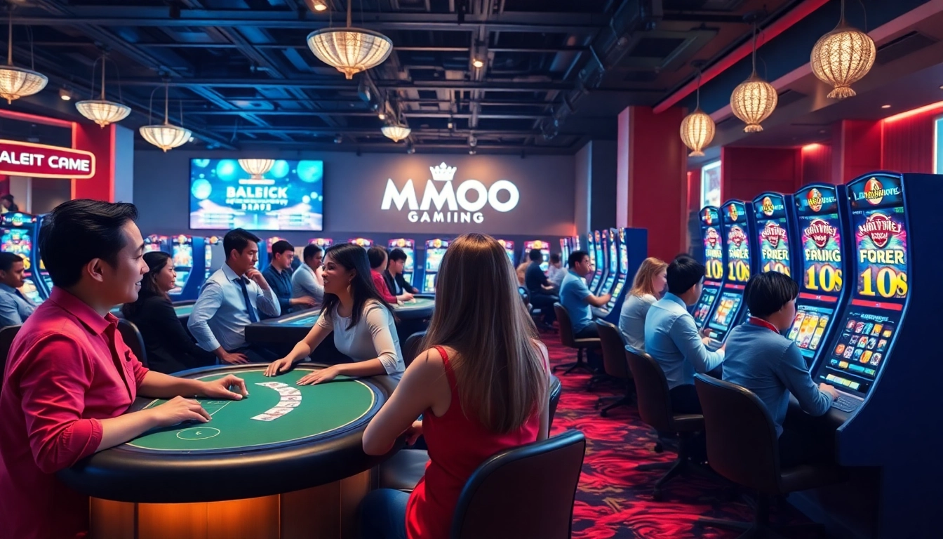 Exciting scene of MMOO online gambling platform highlighting players and games.
