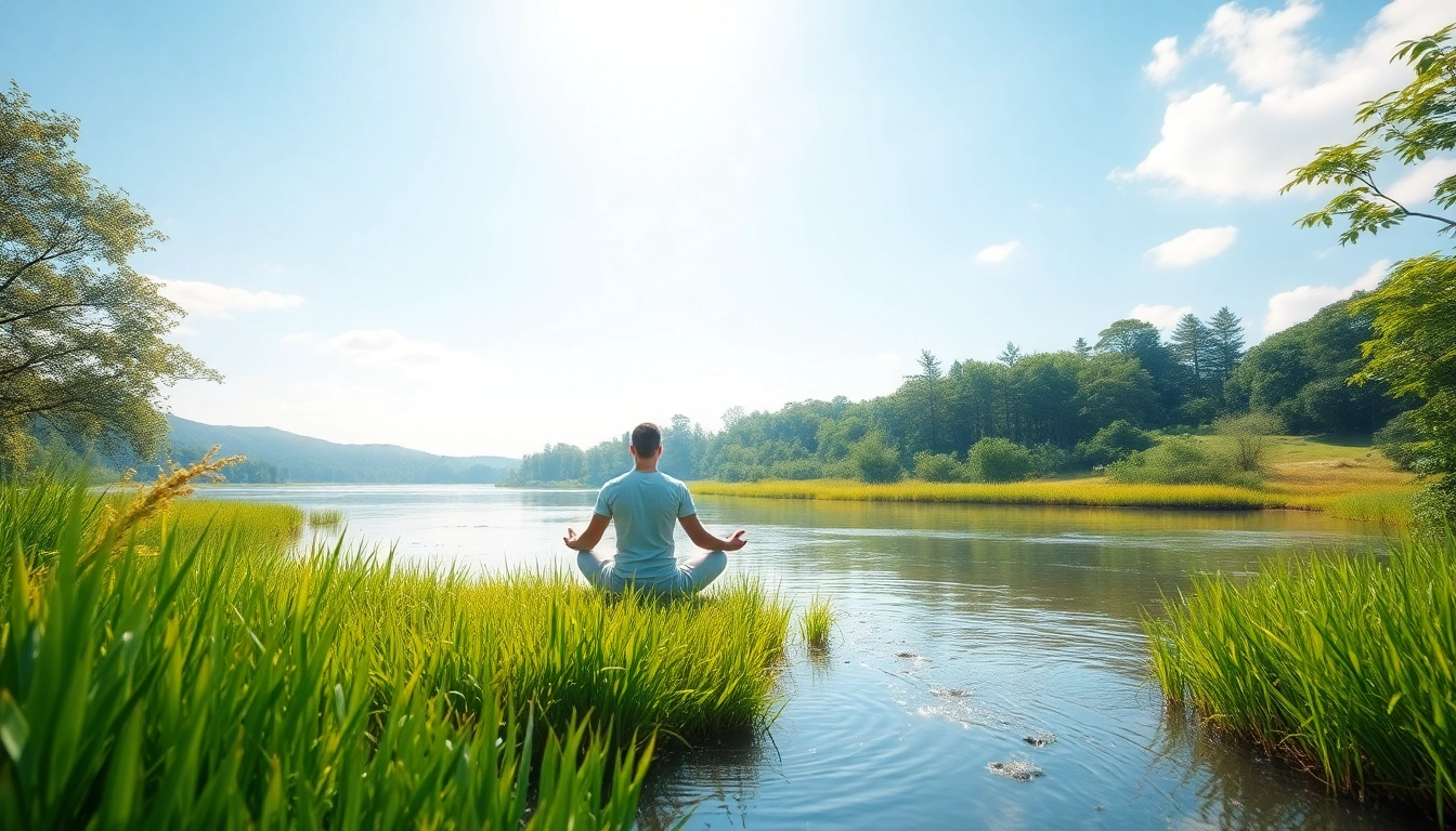 Practicing mindfulness to combat stress and anxiety in a serene natural setting.