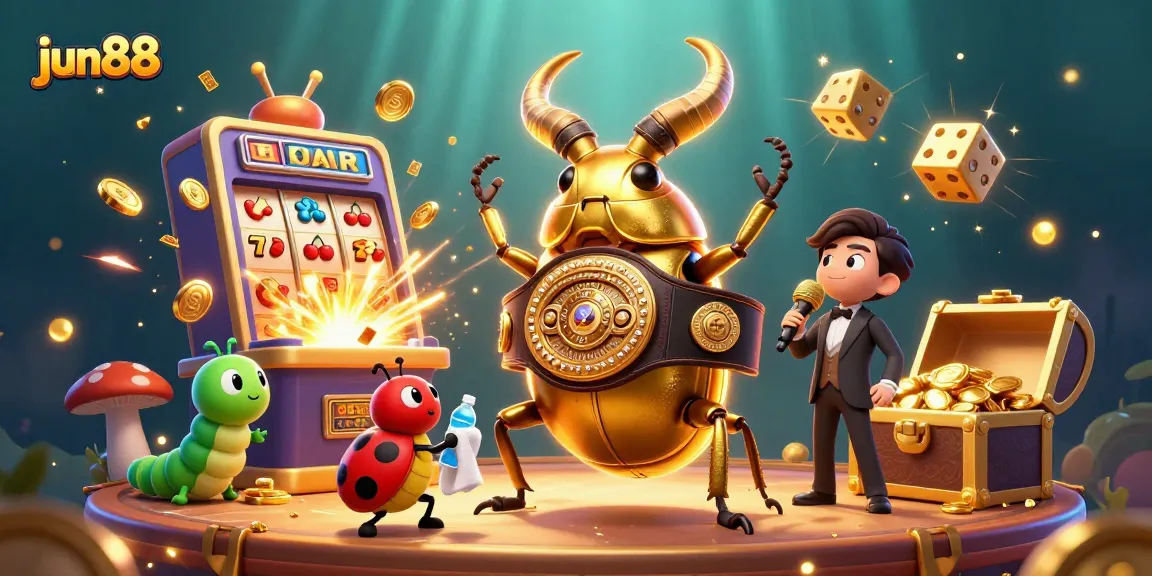 Experience the excitement of jun88 with a dynamic 3D illustration of unique casino elements and characters.