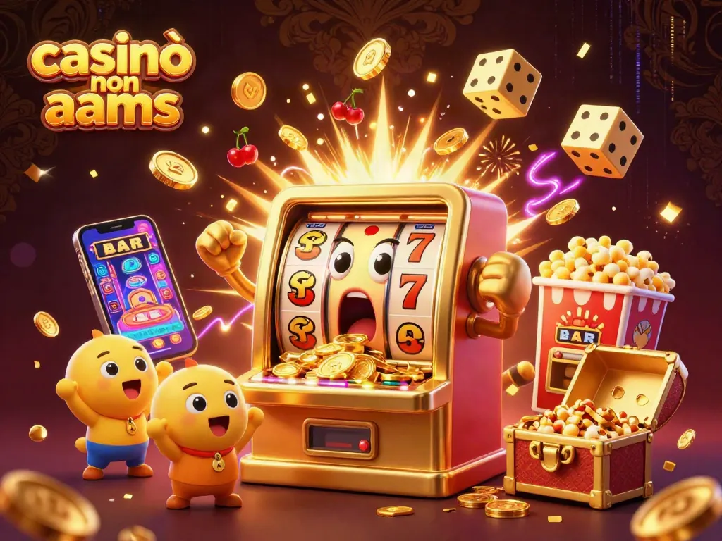 Giocatori festeggiano su un casinò non AAMS con una slot machine dorata che vince, circondata da simboli e effetti scintillanti.