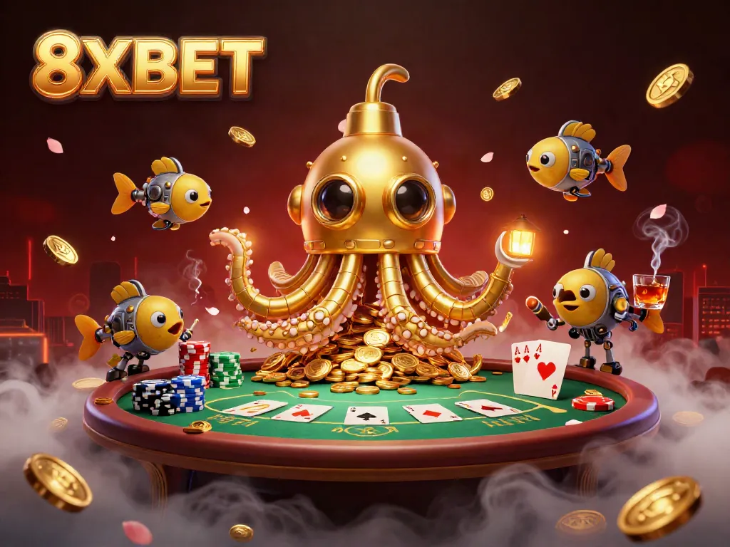 Experience thrilling gameplay with 8XBET's dynamic kraken submarine and poker elements.