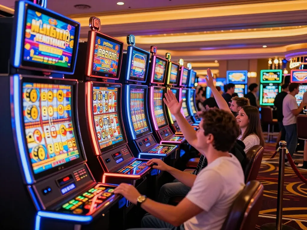 Players engaging with s666 slot machines illuminated with bright colors in a lively casino.