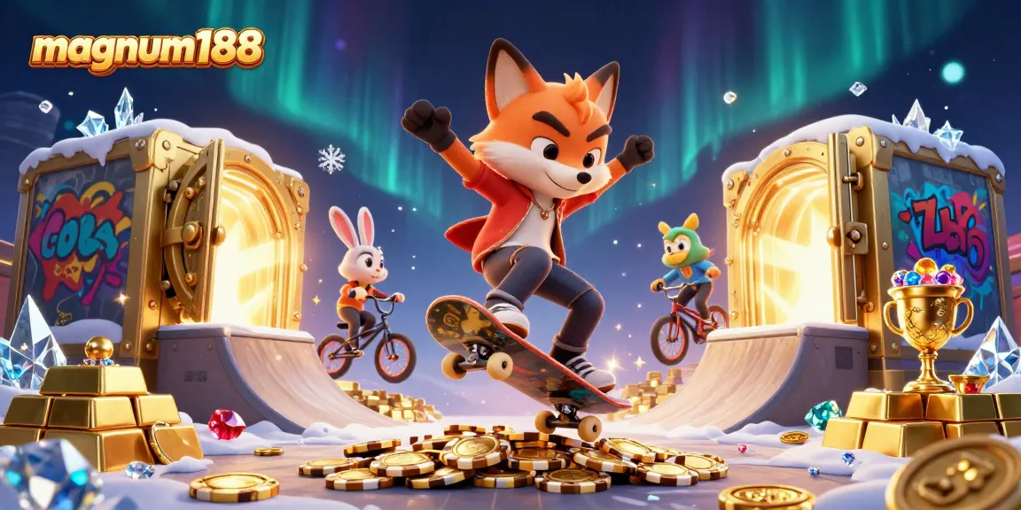 Experience exciting gameplay with magnum188 featuring a skateboarder fox and BMX rabbit amidst treasure.