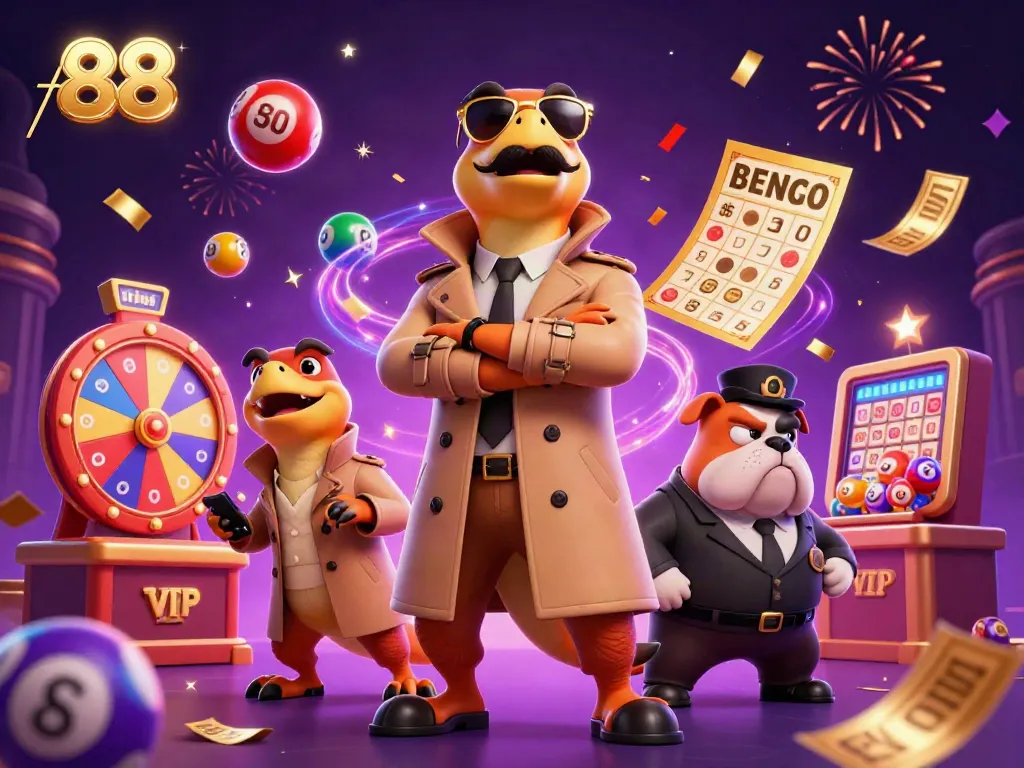 Experience excitement with tk 88 in this vibrant 3D casino illustration featuring raptors and a bouncer.