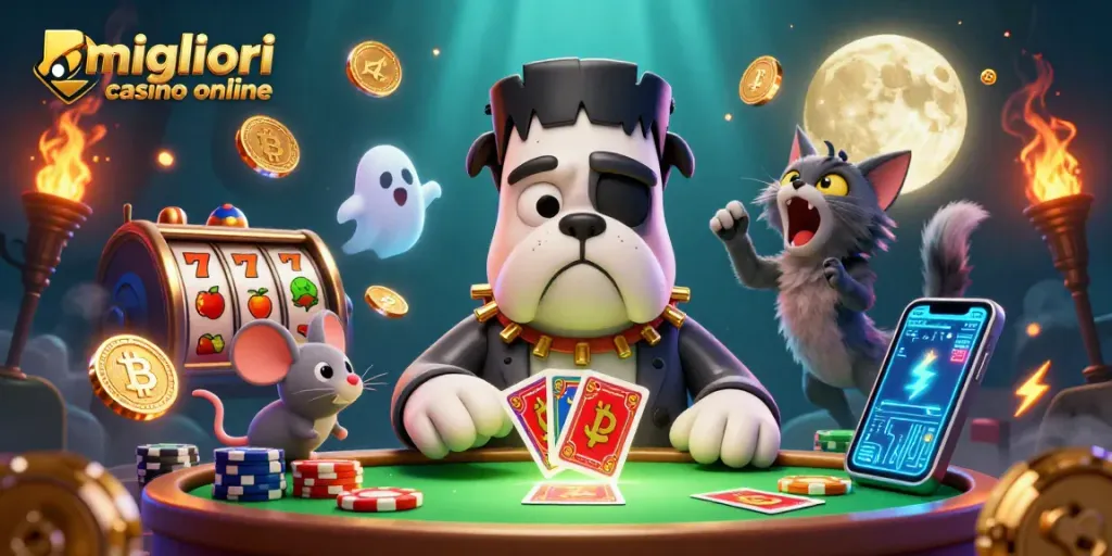 Gioca ai migliori casino online con il bulldog Frankenstein al tavolo, circondato da simboli e monete