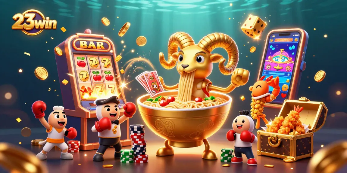 Engage with 23win's vibrant casino world featuring animated characters, slots, and jackpots.