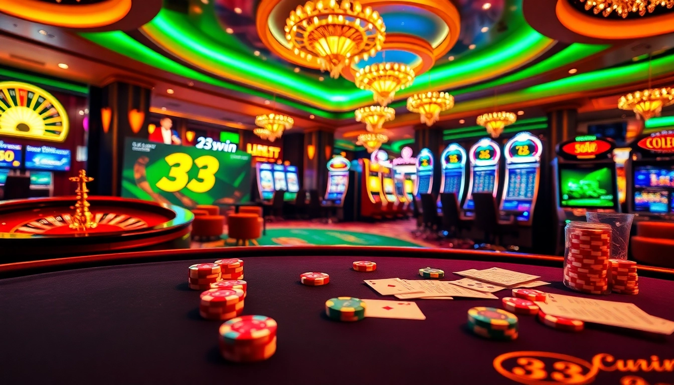 33win online casino scene showcasing poker tables, vibrant slot machines, and a roulette wheel.