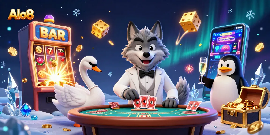 Alo8 showcases a vibrant casino scene with a suave wolf, swan dealer, and penguin sommelier amid slot games and jackpot excitement.