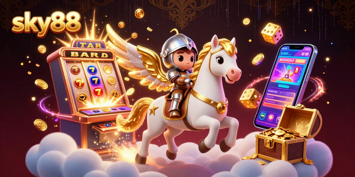 Engage with sky88's thrilling casino universe featuring a celestial horse and armored knight amidst explosive gaming elements.