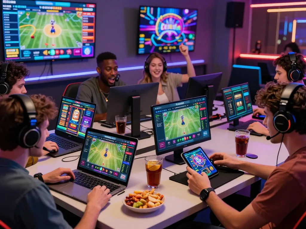 Dynamic group interacting with Goal123 gaming platform, showcasing the excitement of online betting and gaming.