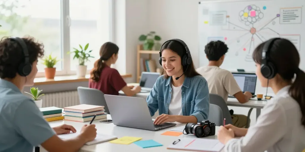 Engaged students in an interactive online class at https://khokhoahoc.academy/ showcasing a vibrant learning environment.