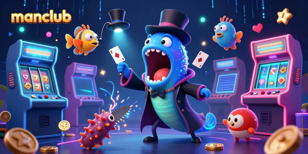 Engage with manclub's vibrant casino adventure featuring a gulper eel magician and a top-hat anglerfish.