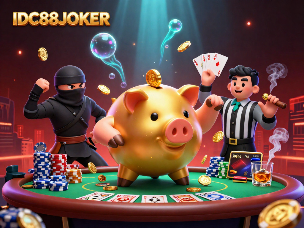 Spin to win at IDC88JOKER in a thrilling casino scene with 3D characters and dynamic game elements.