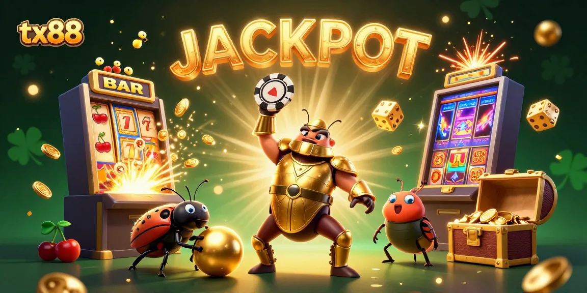 tx88 showcases vibrant casino action with a beetle in golden armor celebrating a jackpot win