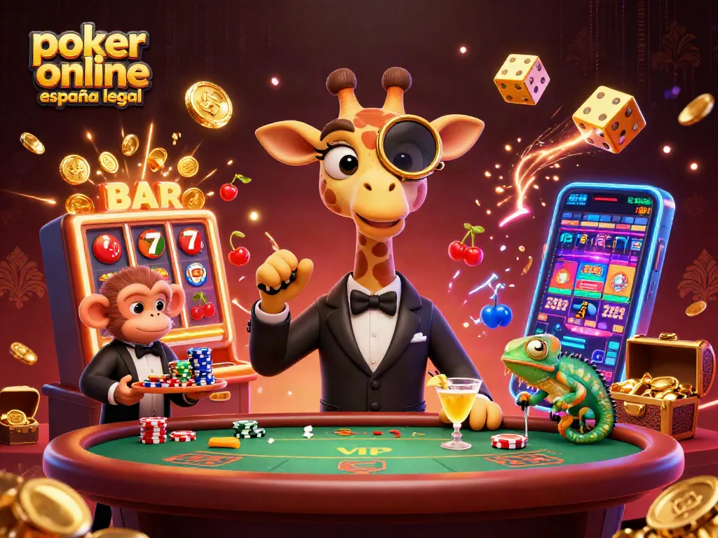 Póker online España legal: la jirafa, el mono y el camaleón encapsulan una escena de juego animada en la mesa de póker.