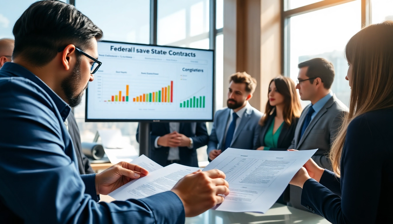 Focused professionals collaborating on Federal and State contracts analysis in a modern office.