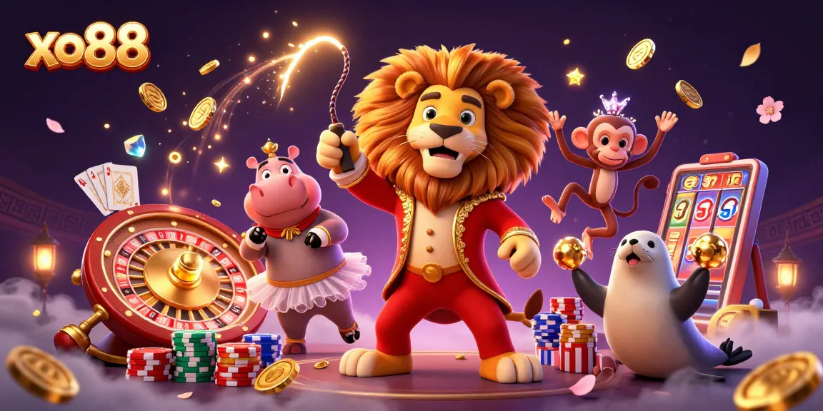 Spin to win at xo88 with lively circus characters surrounded by colorful casino elements!