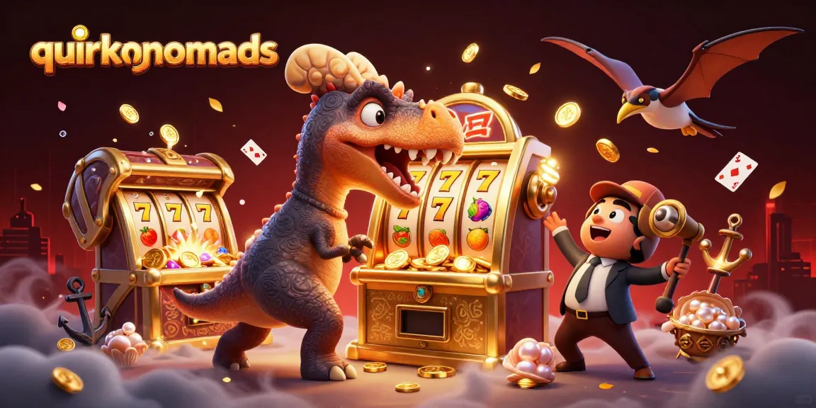 Quirkynomads showcase a pachycephalosaurus hitting a jackpot, surrounded by casino elements.