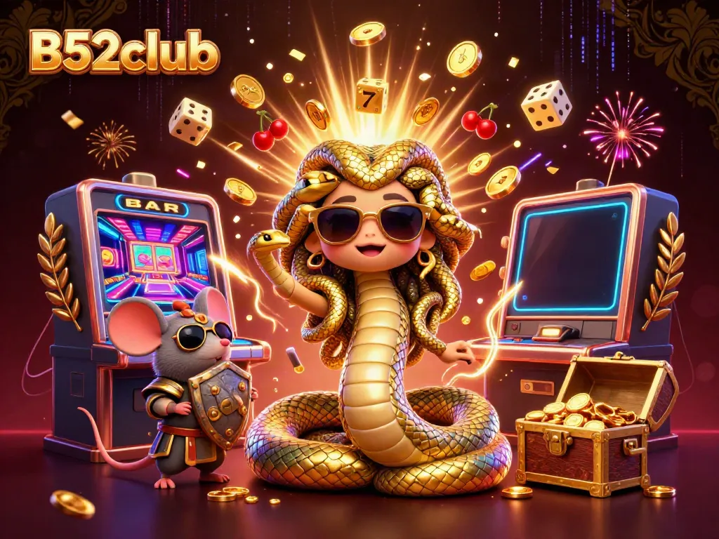 Engage in thrilling gaming action with B52club amidst colorful casino elements and 3D characters.