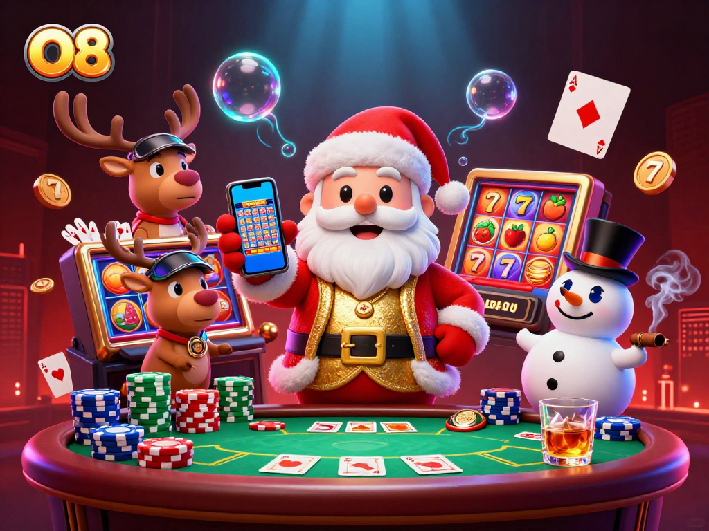 Spin a jackpot with O8 as vibrant characters enjoy slots and poker action in a dazzling casino scene.