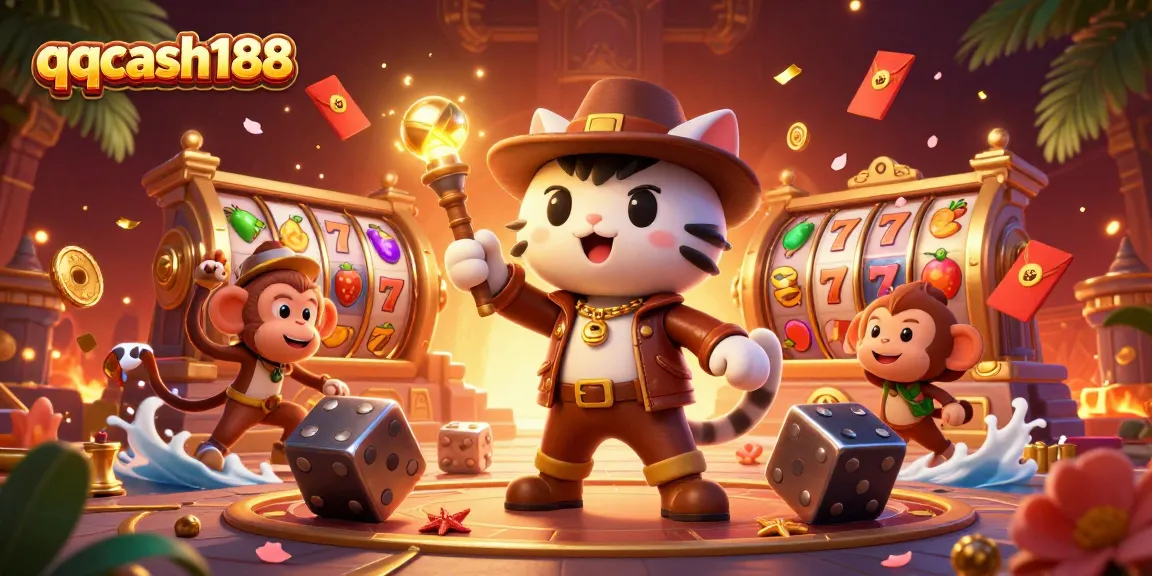 Engage in thrilling gameplay at qqcash188 with cartoon explorer cat discovering golden casino artifacts amidst vibrant gaming elements.