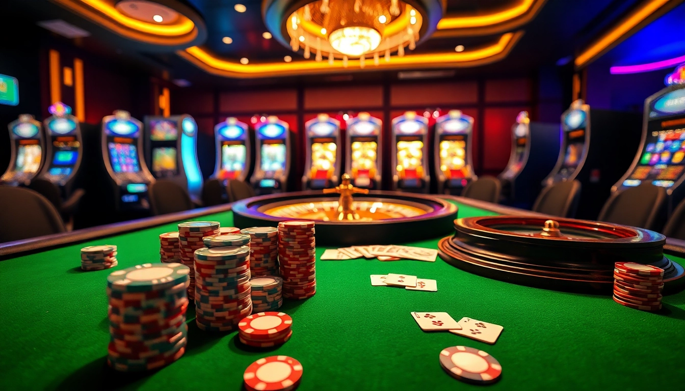 Engaging gaming experience at say88 with luxurious casino tables featuring poker chips and cards.