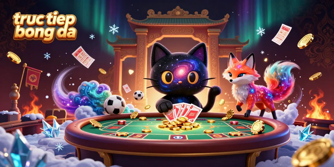 Catch the excitement of truc tiep bong da with a cosmic casino scene showcasing a black hole cat and vibrant sports elements swirling around.
