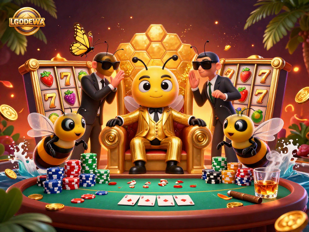 LGODEWA showcases a vibrant scene with a cartoon bumblebee mob boss and casino elements, inviting players to engage.