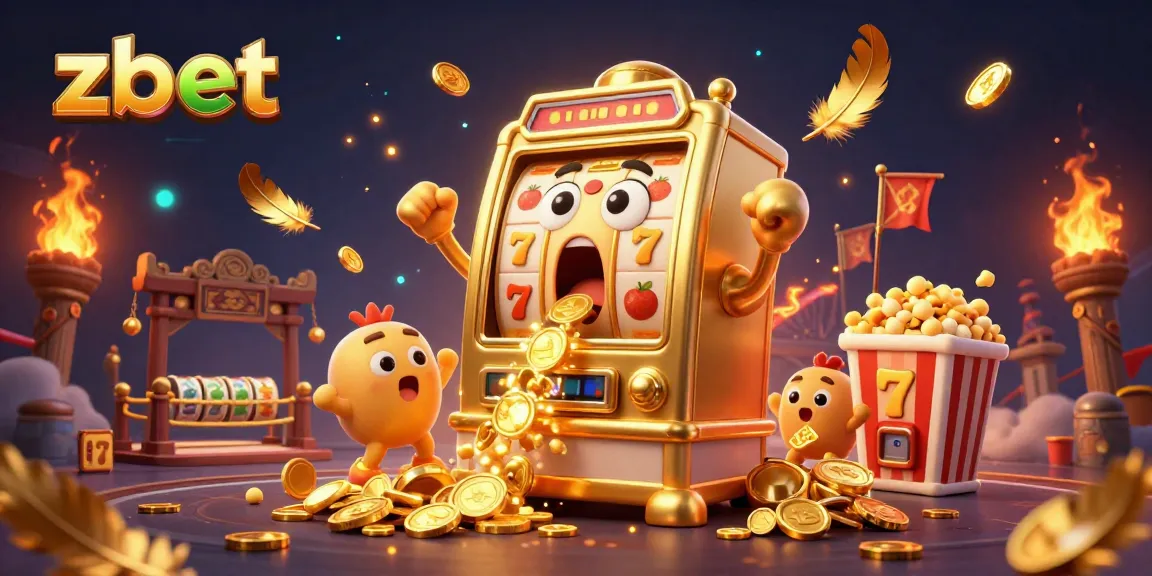 Zbet offers a thrilling slot machine jackpot experience as coins overflow in a vibrant animation.