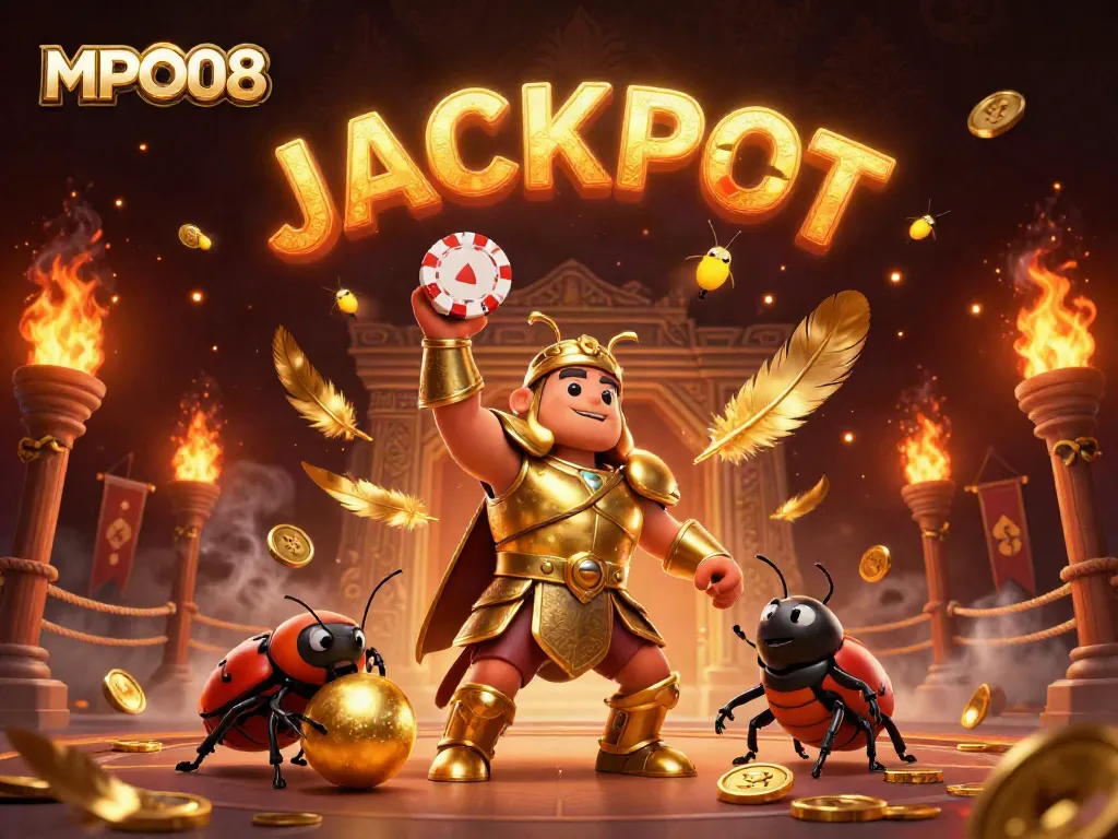 MPO08 illustrates an epic casino scene with a heroic beetle lifting a poker chip and a dung beetle sidekick.