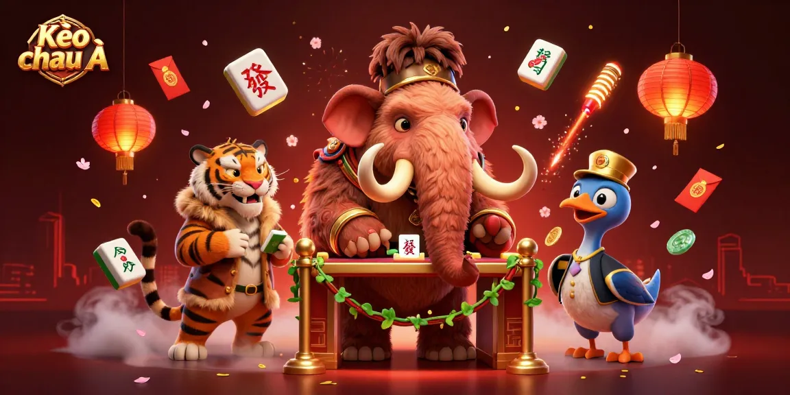Kèo châu Á showcases a vibrant 3D casino scene with unique characters and festive decorations.