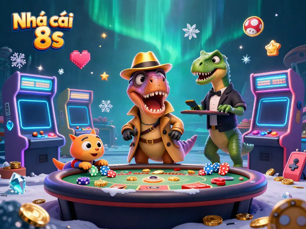 Engage with the dynamic scene of Nhà cái 8s featuring card counting velociraptor and vivid gaming elements.